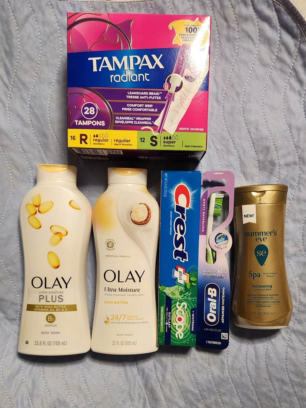 Tampax Tampons, Olay Bodywash, Crest, Oral B, Summer's Eve. Selfcare Bundle.